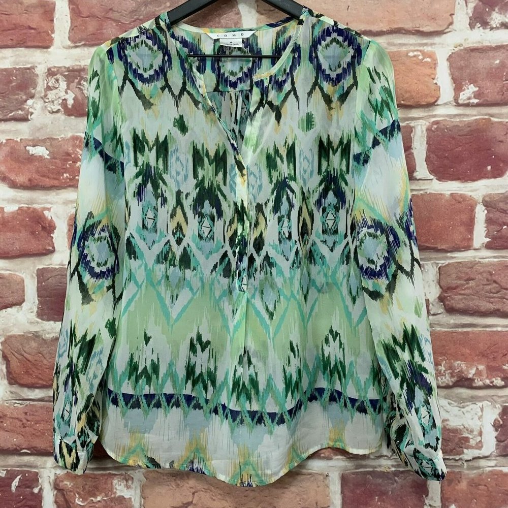 COMO WOMEN'S GREEN & BLUE MULTICOLOR BOHO FLORAL ABSTRACT BLOUSE